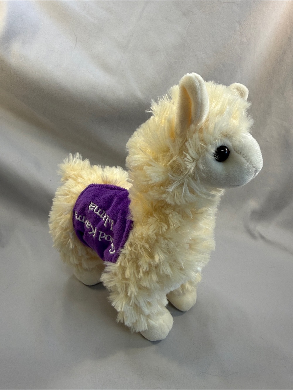 Plush Cream Alpaca Toy with Purple Saddle - Soft Cuddly Stuffed Animal